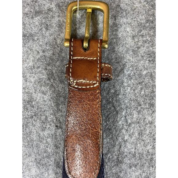 Belt Mens 34 Navy Red Web Stripe Leather Ends Solid Brass Buckle Made USA Preppy - Picture 10 of 15